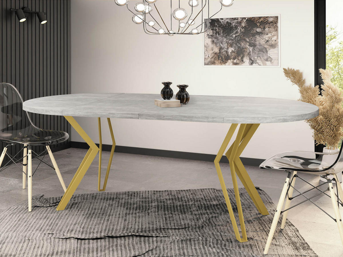 ESSTISCH Daisy runder ausziehbarer, Grauer Beton 120-200/100/76 cm - Goldfarben/Hellgrau, Holzwerkstoff/Metall (120/120/76cm) - WFL GROUP