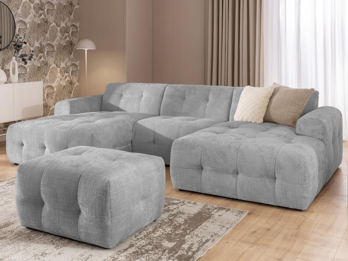 WOHNLANDSCHAFT inkl. Hocker Kozy im Bumpy-Design mit Schlaffunktion und fester Rückenlehne aus weichem Hellgrau Chenille-Stoff - Hellgrau/Schwarz, Holz/Kunststoff (323/79/161cm) - S-Style Möbel