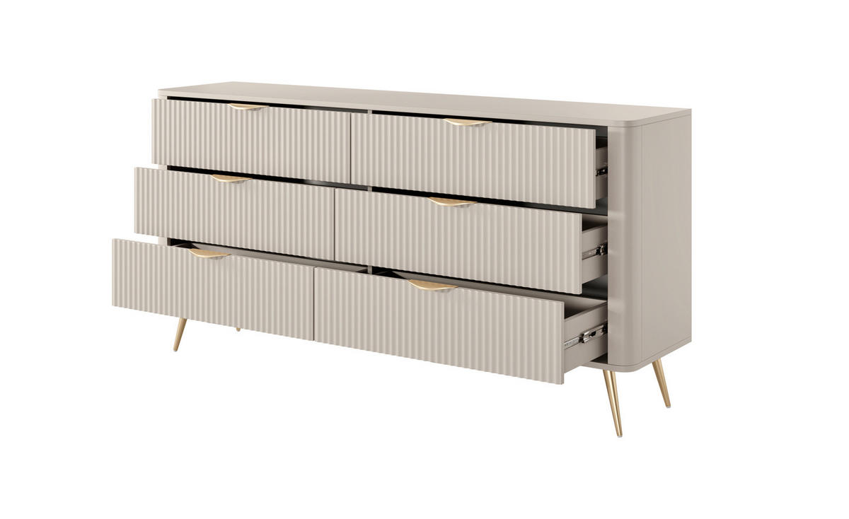 SIDEBOARD Flore 163 cm Beige / Gold - mit 6 Schubladen und Riffel-Optik - Beige/Gelb, Holz/Holzwerkstoff (163/81/38cm) - Ravio