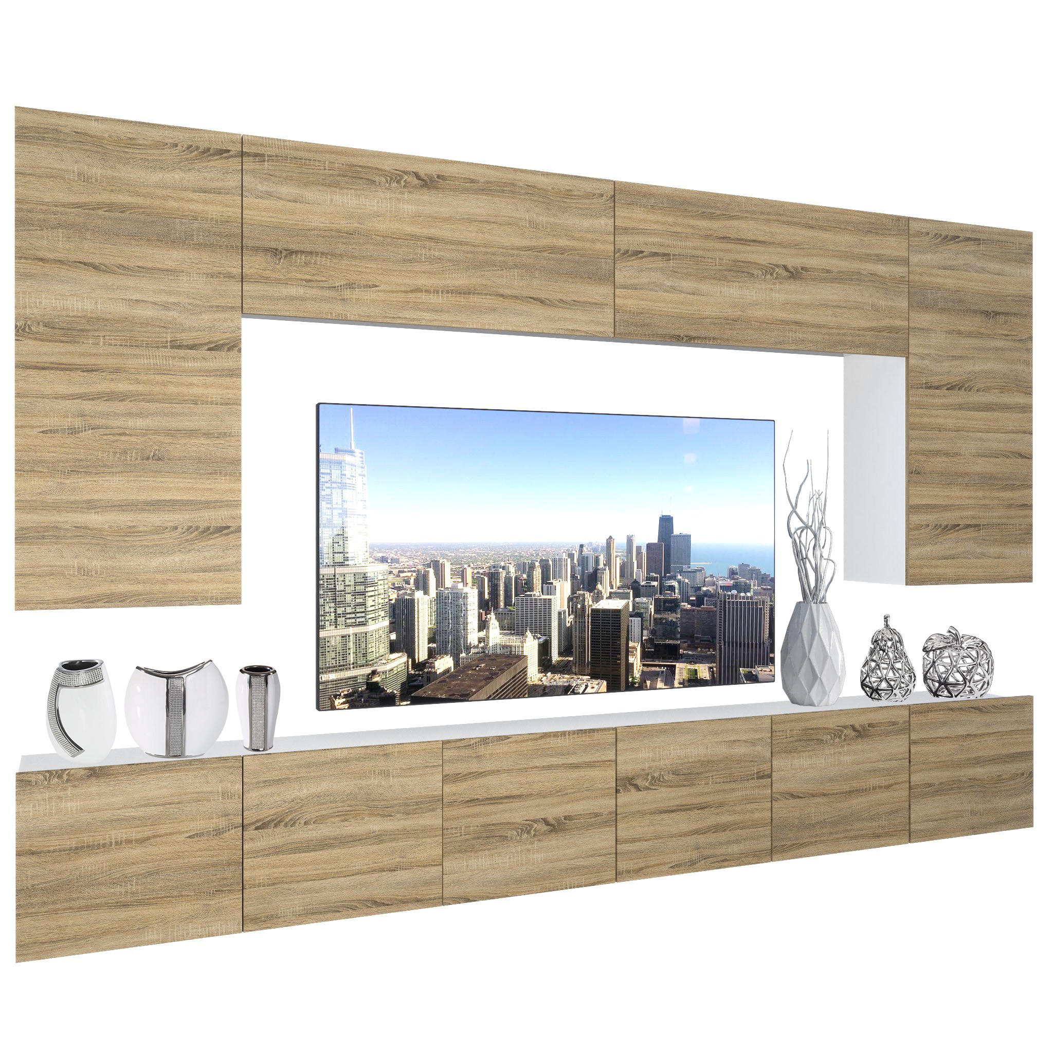 WOHNZIMMERWAND mit LED-Beleuchtung TV-Schrank Sonoma Eiche - Eschefarben, Holz (300/180/36cm) - B BELINI GROUP