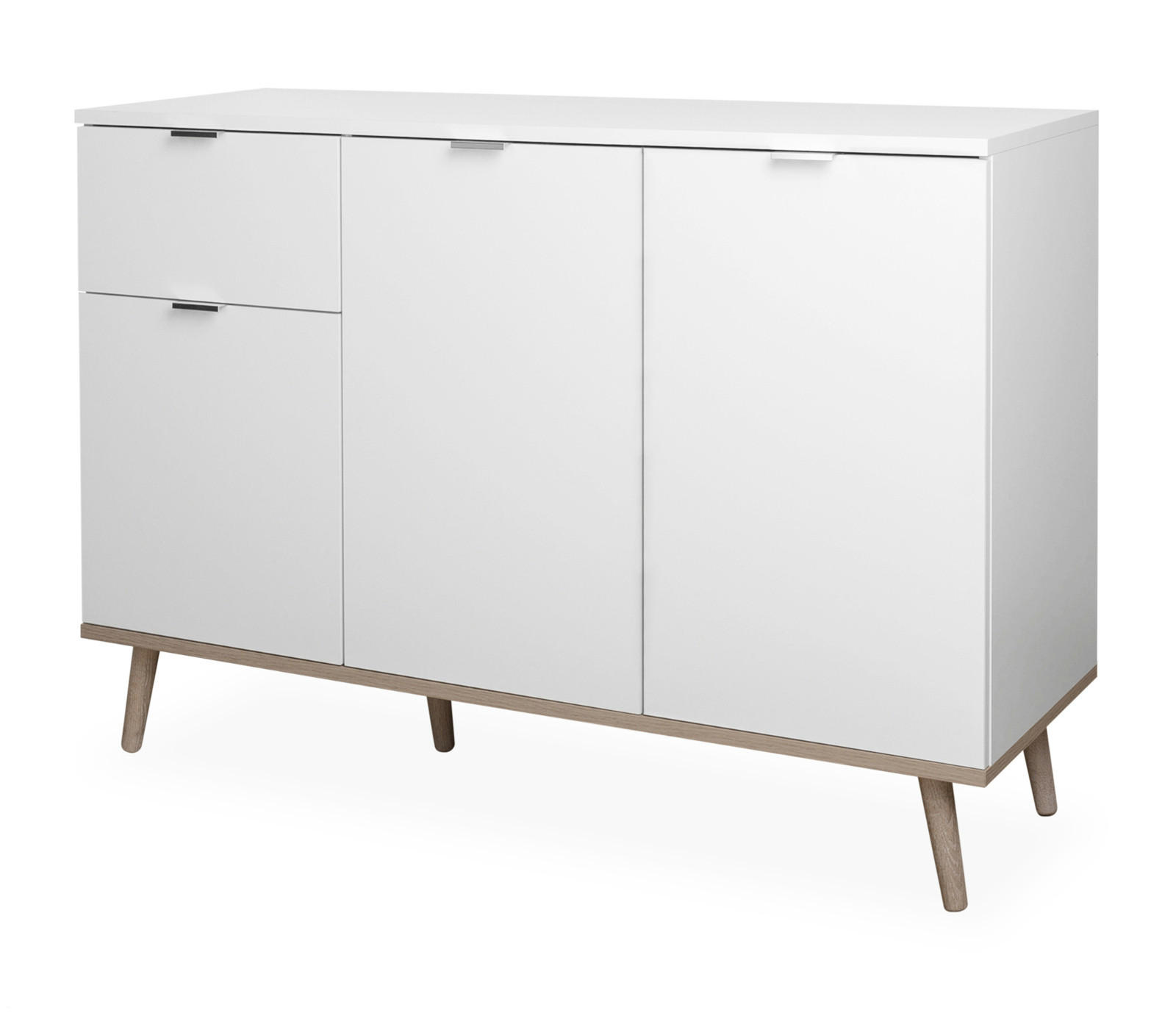 KOMMODE weiß matt, Eiche Sonoma massiv 120 cm, Sideboard 3-türig - Chromfarben/Eichefarben, Holz/Holzwerkstoff (120/85/40cm) - Furn.Design