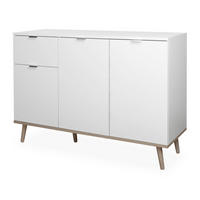 KOMMODE weiß matt, Eiche Sonoma massiv 120 cm, Sideboard 3-türig - Chromfarben/Eichefarben, Holz/Holzwerkstoff (120/85/40cm) - Furn.Design