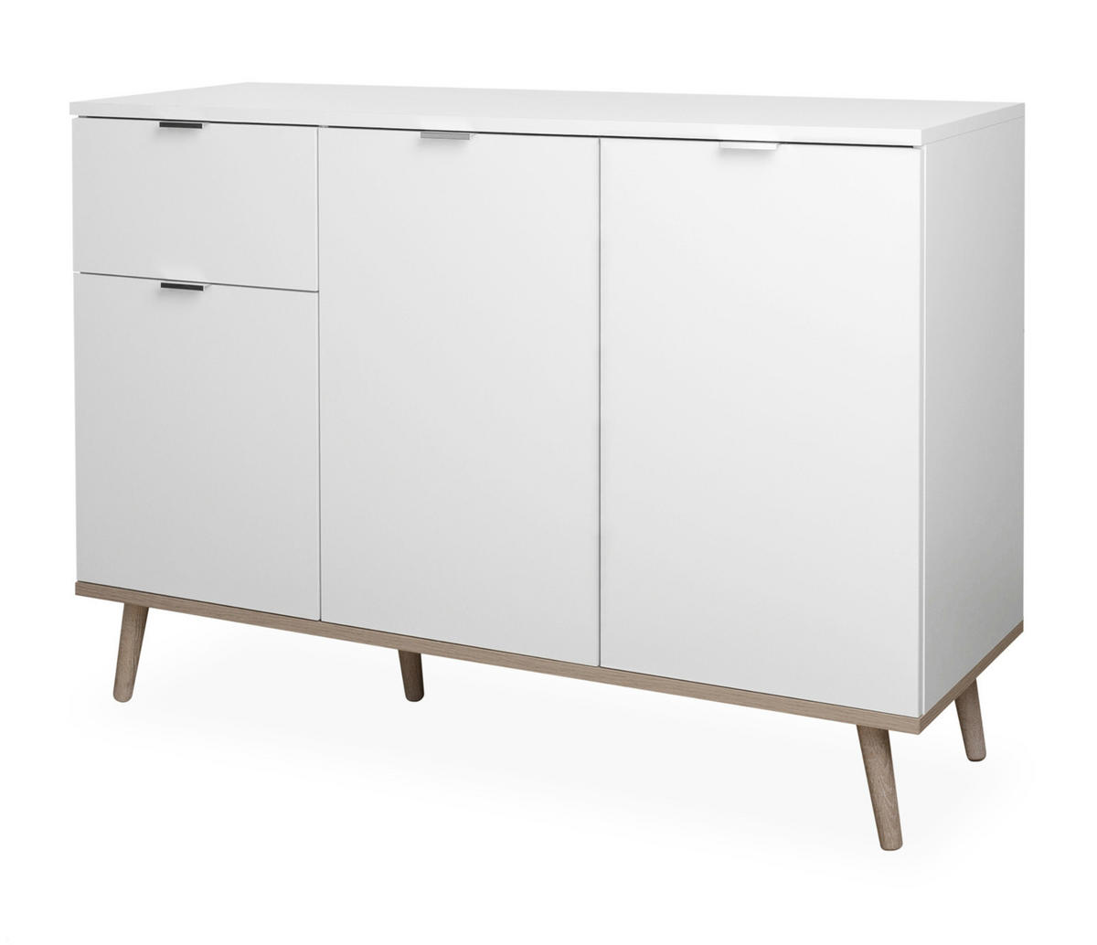 KOMMODE weiß matt, Eiche Sonoma massiv 120 cm, Sideboard 3-türig - Chromfarben/Eichefarben, Holz/Holzwerkstoff (120/85/40cm) - Furn.Design