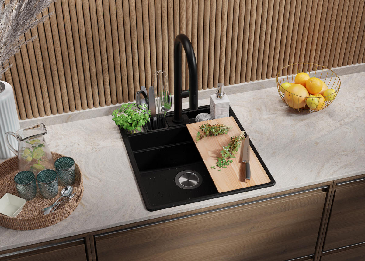 SPÜLBECKEN New York, 2-er set Schwarz Metallic 48/53 cm 1 Becken + Ablauf-Set + Küchenzubehörset ab 50er Unterschrank - Chromfarben/Schwarz Hochglanz, Kunststoff (48/20/53cm) - Primagran