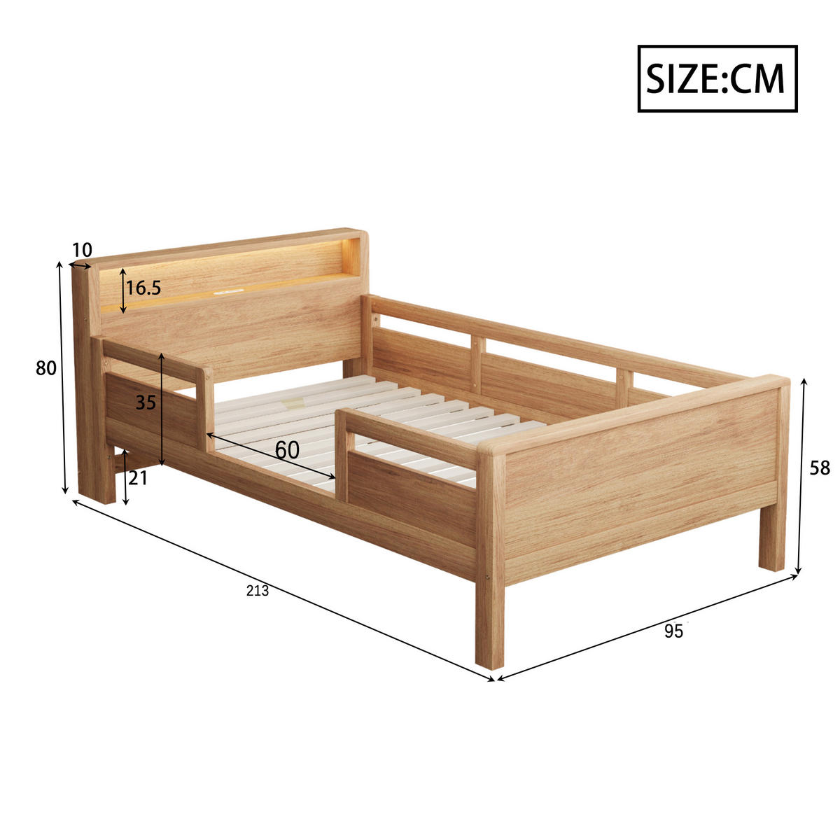 KINDERBETT 90x200cm Kiefer Holz USB LED Kopfteil Stauraum - Naturfarben, Holz (90/200cm) - FLIEKS