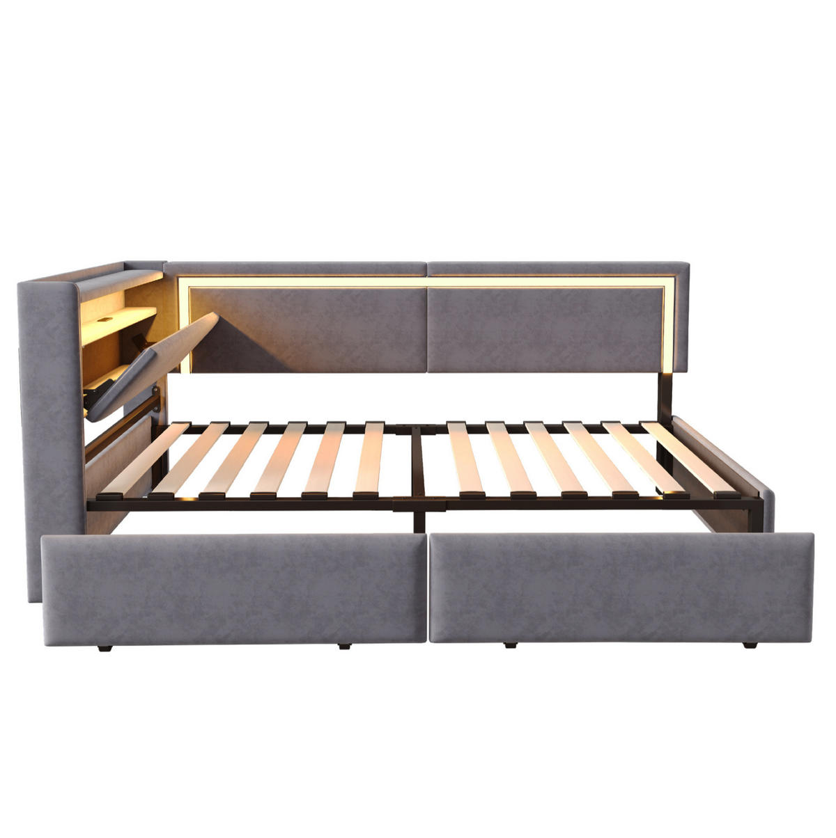 POLSTERBETT 90/200 cm aus Samt mit LED-Beleuchtung und USB-Anschlüssen Dunkelgrau - Dunkelgrau, Textil (90/200cm) - Modenvie
