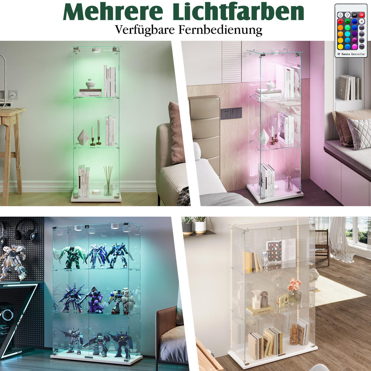 GLASVITRINE Weiß Mit LED, 2 Türen, 3 Regalen & Schloss, Standvitrine - Weiß, Holz (35/123.3/78.5cm)