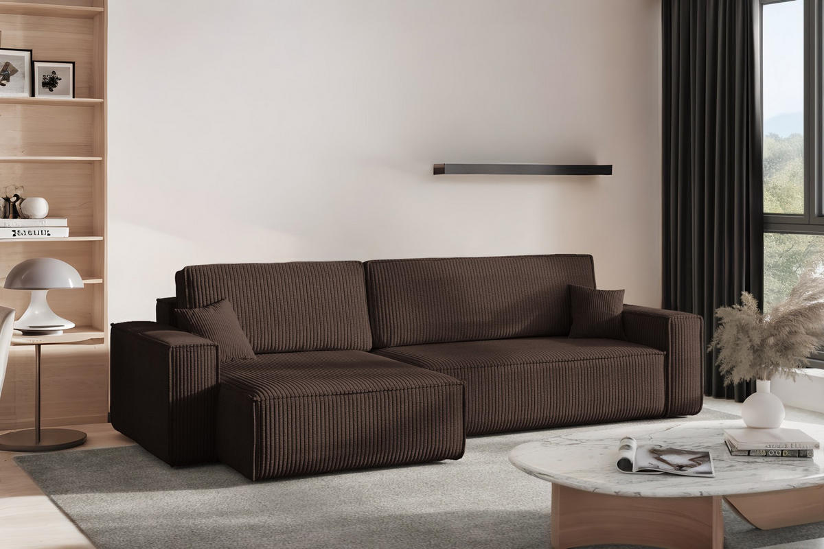 ECKSOFA Mit Schlaffunktion Und Bettkasten, Eckcouch BEST XL Stoff Poso Dicker Cord Braun Links - Schwarz/Braun, Holz/Kunststoff (142/274cm) - Kaiser Möbel