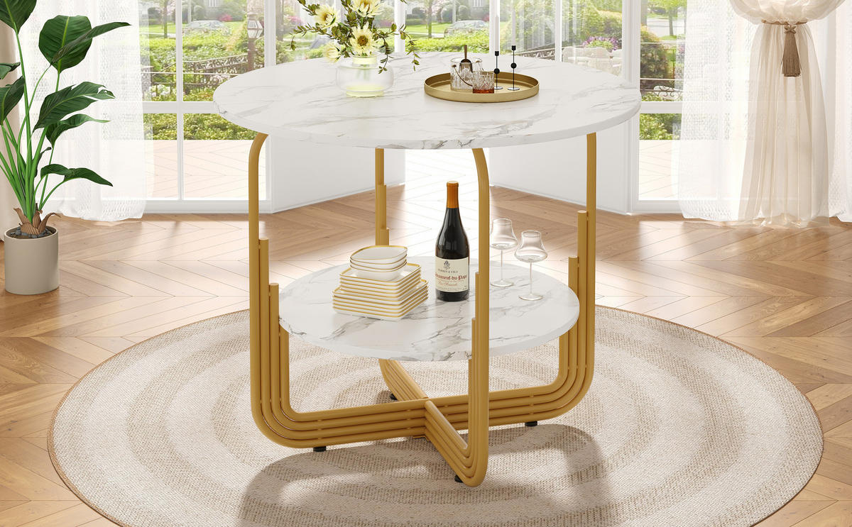 ESSTISCH 80x80x76 cm in Weiß und Gold aus MDF mit Kunstmarmor auf goldenem Metallrahmen - Weiß, Holzwerkstoff (80/80/76cm) - Modfu