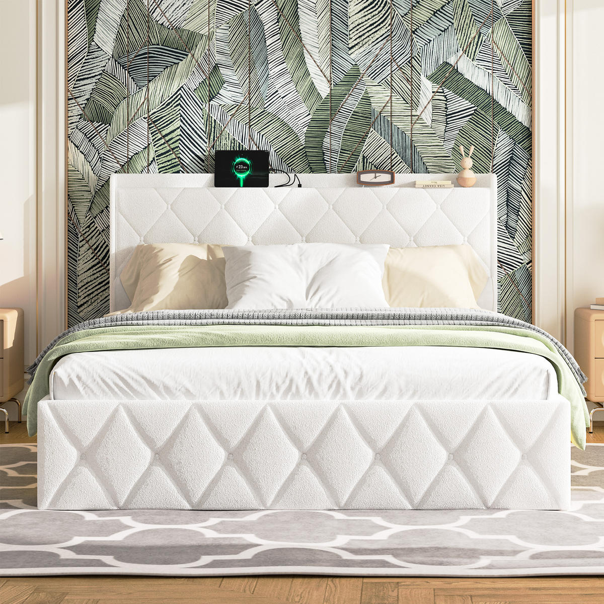 POLSTERBETT 160/200 cm Beige mit 6 Ablagefächer, USB-Ladefunktion und LED-Lichtleisten - Weiß, Textil (160/200cm) - Oxeza