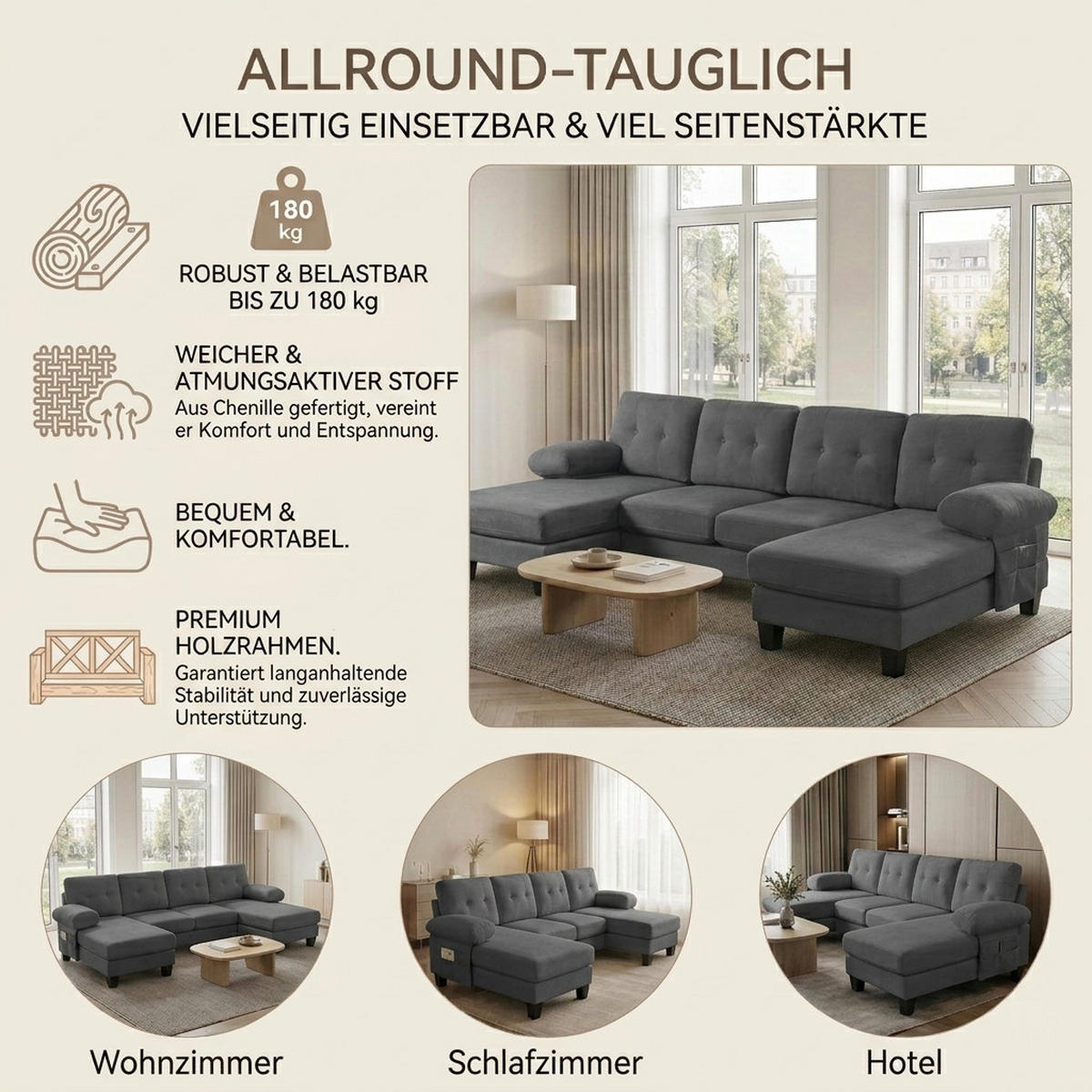 WOHNLANDSCHAFT 268/128/84 cm Grau Chenille - Grau, Textil (242/84/128cm) - Oxeza