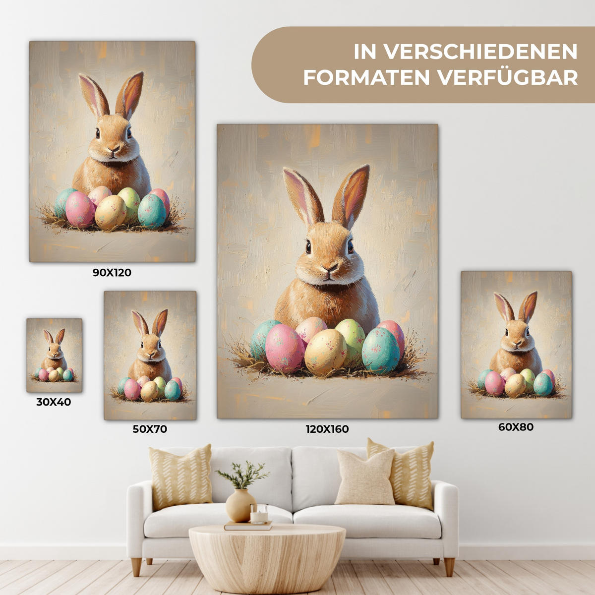 LEINWANDBILD Osterhase - Pastell - Eier Wandbild Wohnzimmer 60x80 cm - Beige, Textil (60/80cm) - MuchoWow