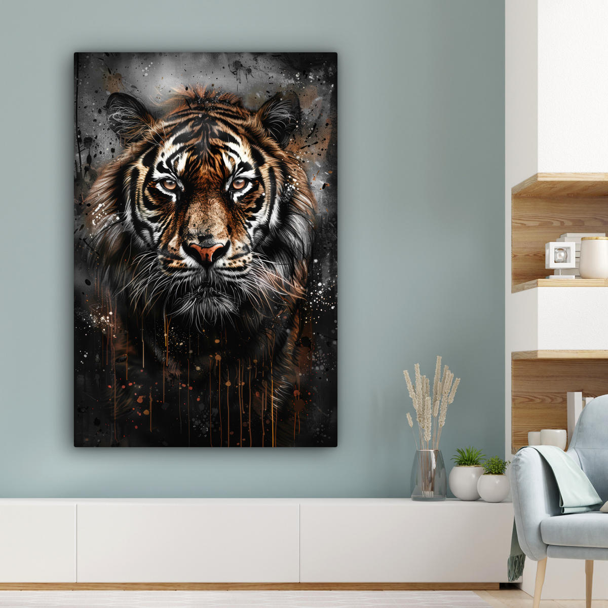LEINWANDBILD Tiger - Tiere - Porträt - Luxus - Schwarz 90x140 cm - Anthrazit, Textil (90/140cm) - MuchoWow