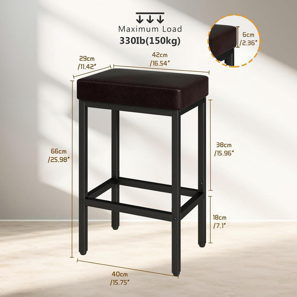 BARHOCKER 2er Set Dunkelbraun Lederoptik 66 cm - Braun, Kunststoff (42/66/29cm)