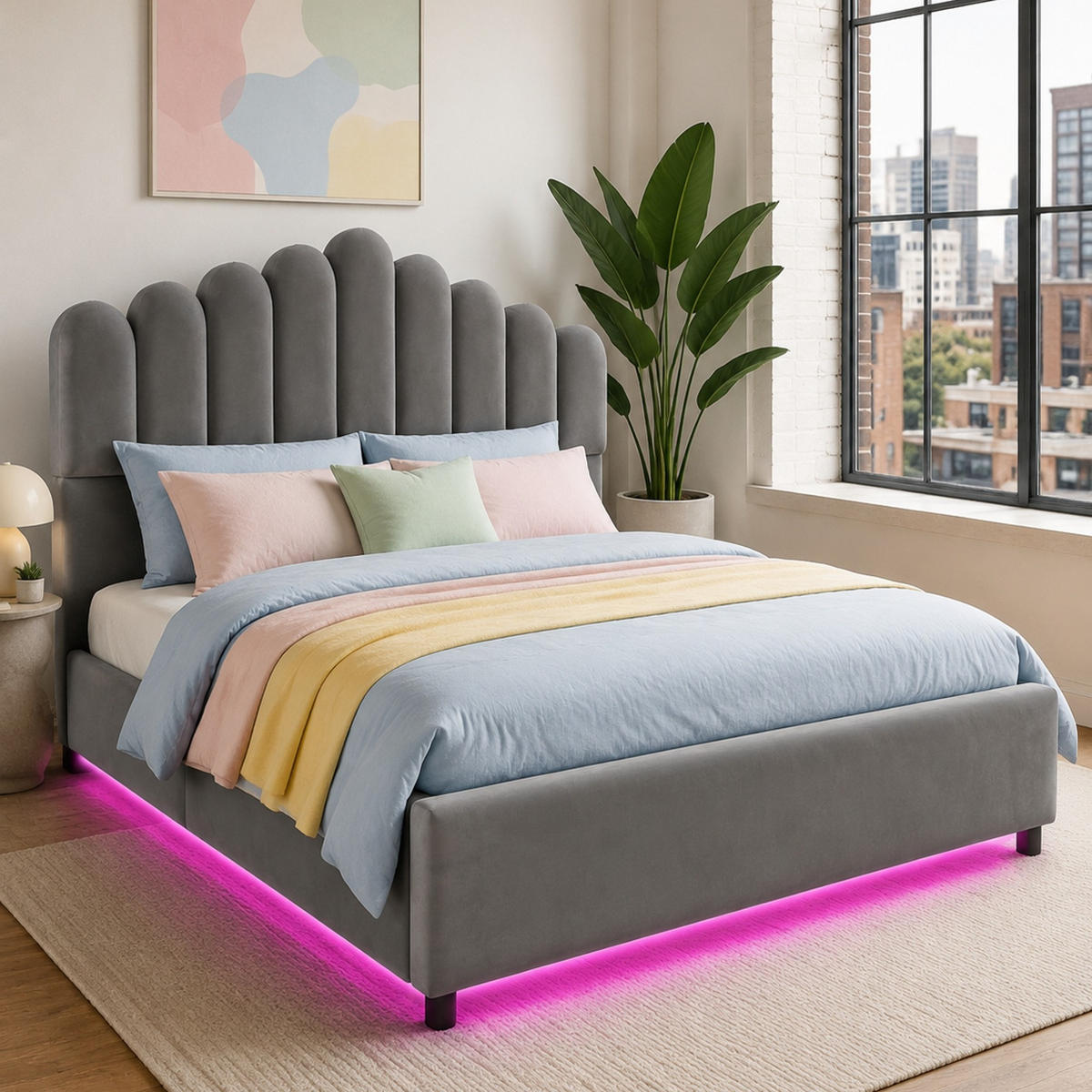 POLSTERBETT 180/200 mit Stauraum, LED-Lichtleiste und voluminösem gepolstertem Kopfteil in Grau - Grau, Holzwerkstoff/Textil (180/200cm) - EVRYAE