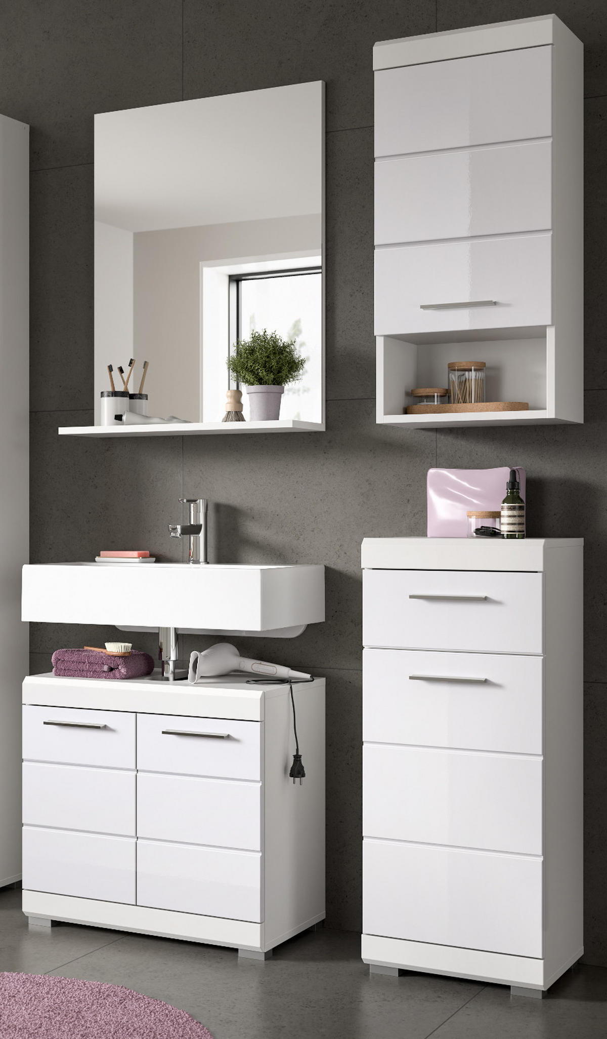 BADMÖBEL-SET weiß Hochglanz 4-teilig 112 cm, Komplettset mit viel Stauraum - Weiß Hochglanz, Glas/Holzwerkstoff (112/191/34cm) - Inn.Furn