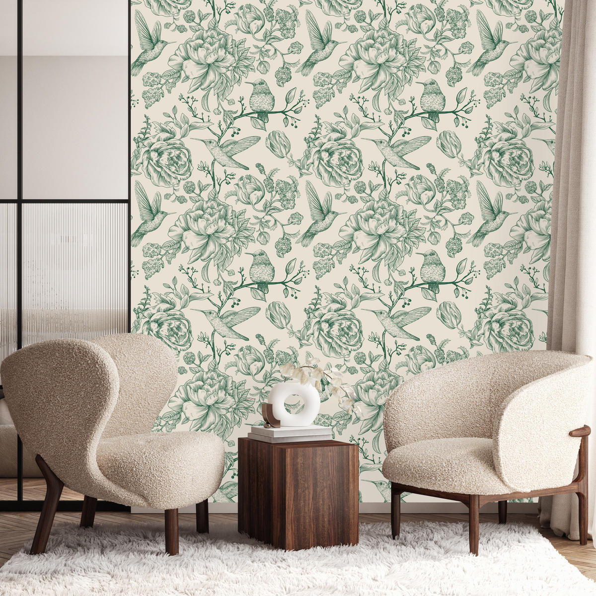 VLIESTAPETE Retro-Kolibris und Pfingstrosen – Grün, Creme – 50x1000 cm - Creme/Grün, Papier (50/1000cm) - Muralo