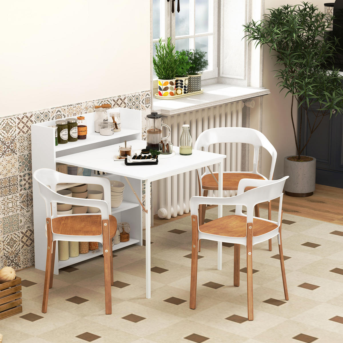 KLAPPTISCH 78,5/91/93 cm, seitlich ausklappbar, platzsparend für 3 Personen - Weiß, Holz (91/78.5/93cm) - BEAOK