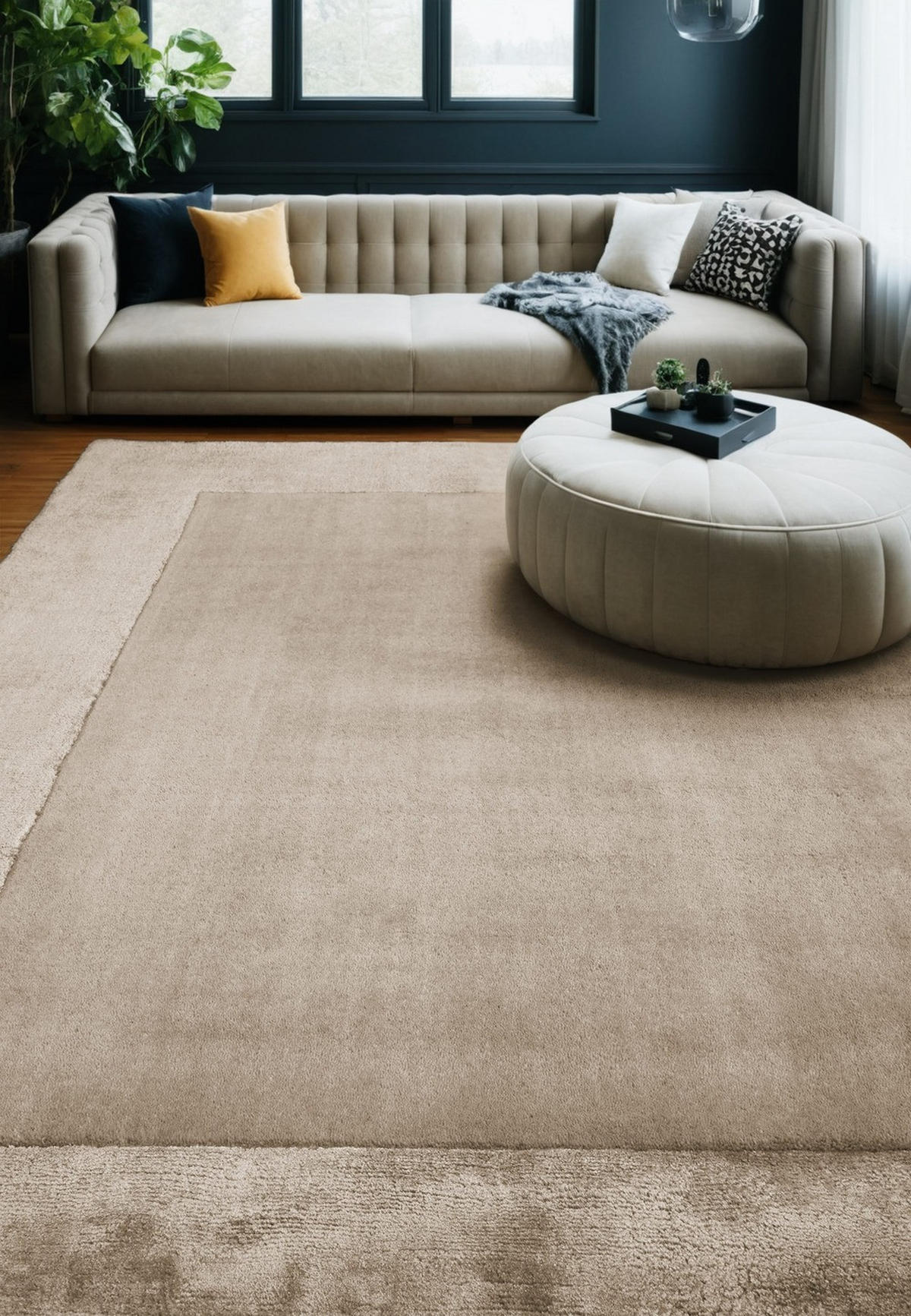 TEPPICH Wolle handgewebt einfarbig mit Viskosebordüre TYNE, Beige 160x230 cm - Beige, Textil (160/230cm) - KADIMA DESIGN