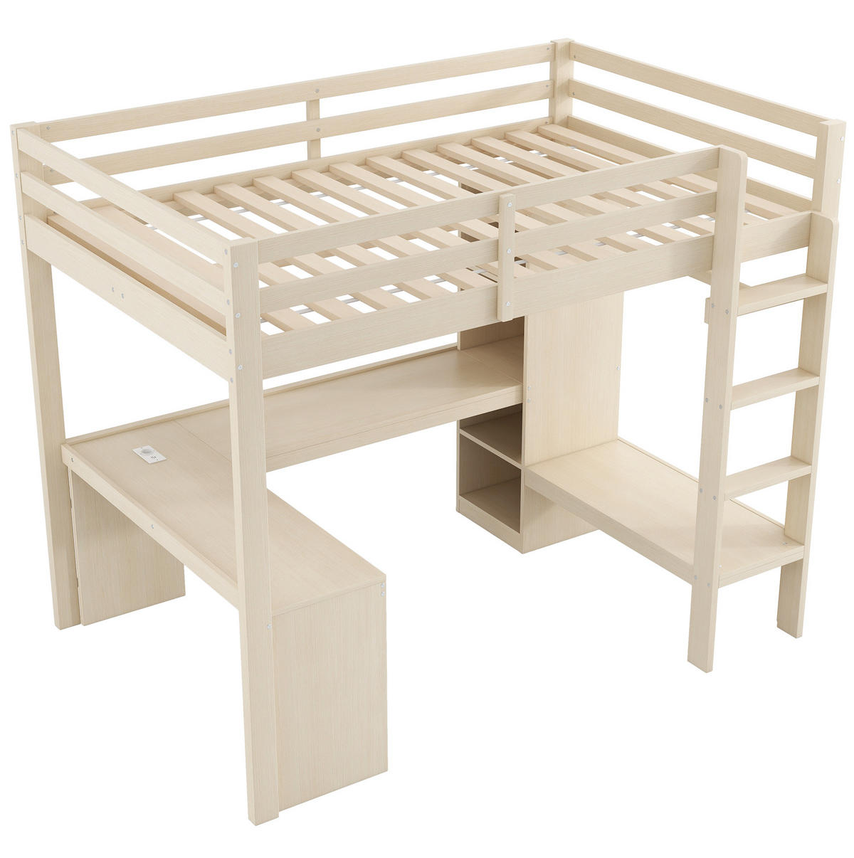HOCHBETT 140/200 cm aus Massivholz und MDF mit Schreibtisch, LED, USB, Regalen und offenem Kleiderschrank, Natur - Naturfarben, Holzwerkstoff (140/200cm) - Redom