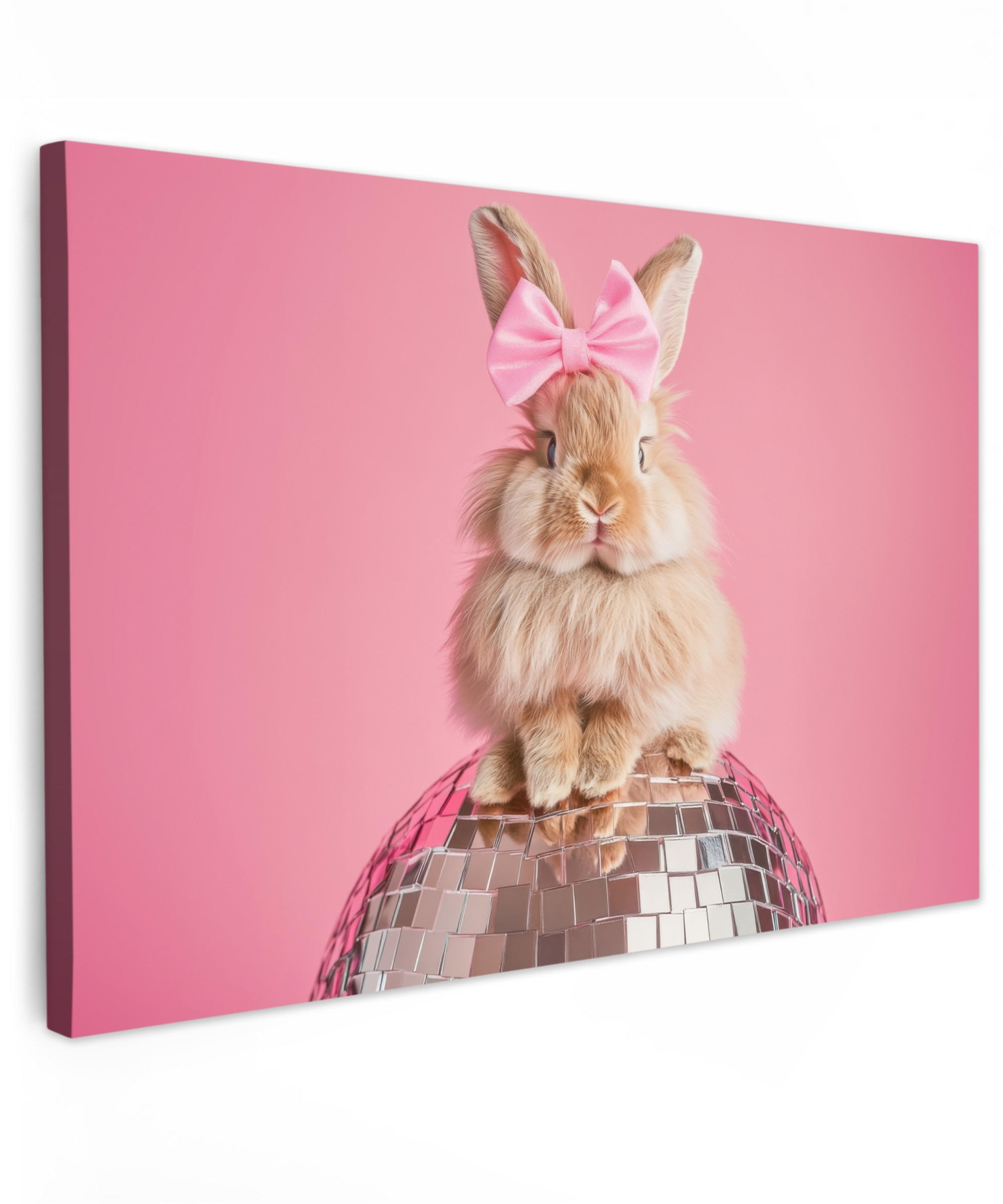 LEINWANDBILD Schleife - Discoball - Kaninchen Gemälde 60x40 cm - Pink, Textil (60/40cm) - MuchoWow