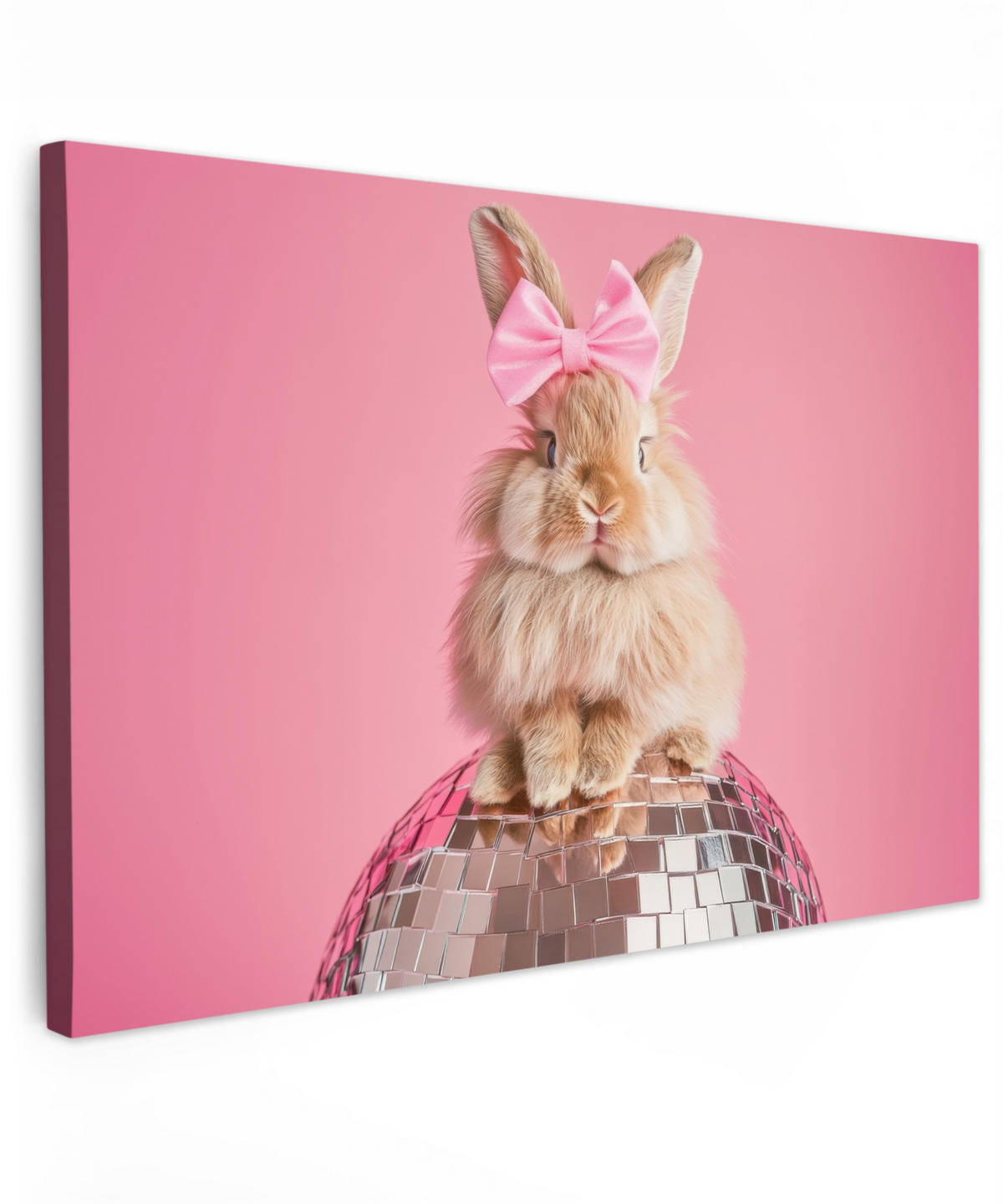LEINWANDBILD Schleife - Discoball - Kaninchen Gemälde 60x40 cm - Pink, Textil (60/40cm) - MuchoWow