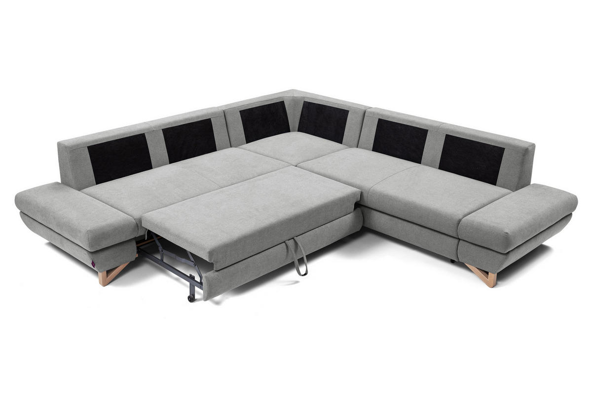 ECKSOFA CASA III L-S Grau Plüsch-Stoff mit Schlaffunktion - Grau, Holz (272/272cm) - MASSENO