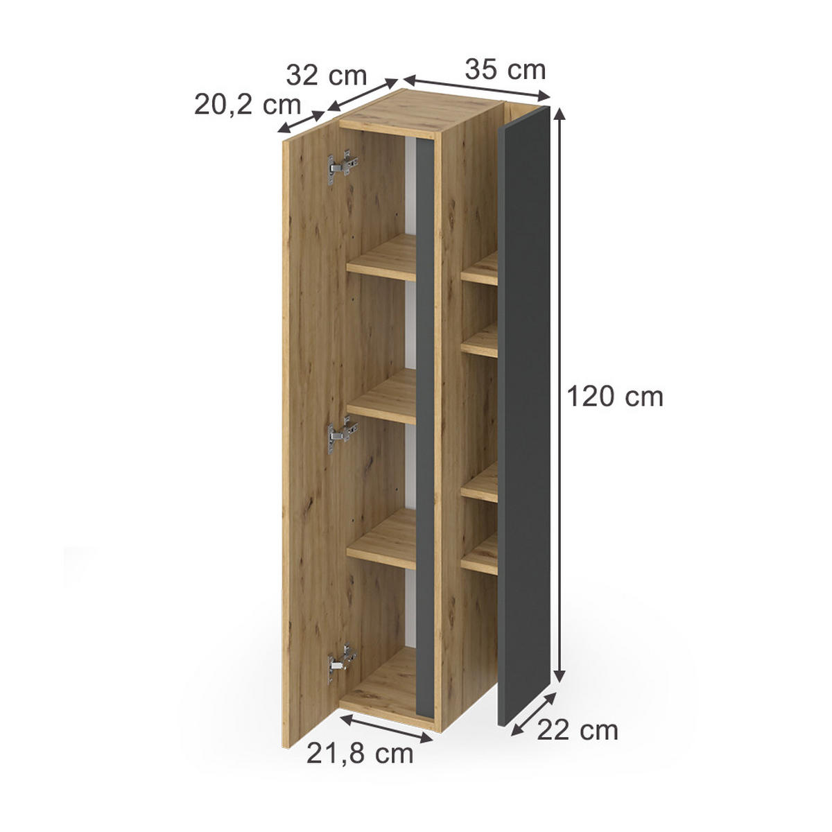 BADSCHRANK Edelin Anthrazit/Artisan 35 x 120 cm mit 4 Ablagefächern - Anthrazit/Eiche Artisan, Holzwerkstoff (35/120/32cm) - Vicco