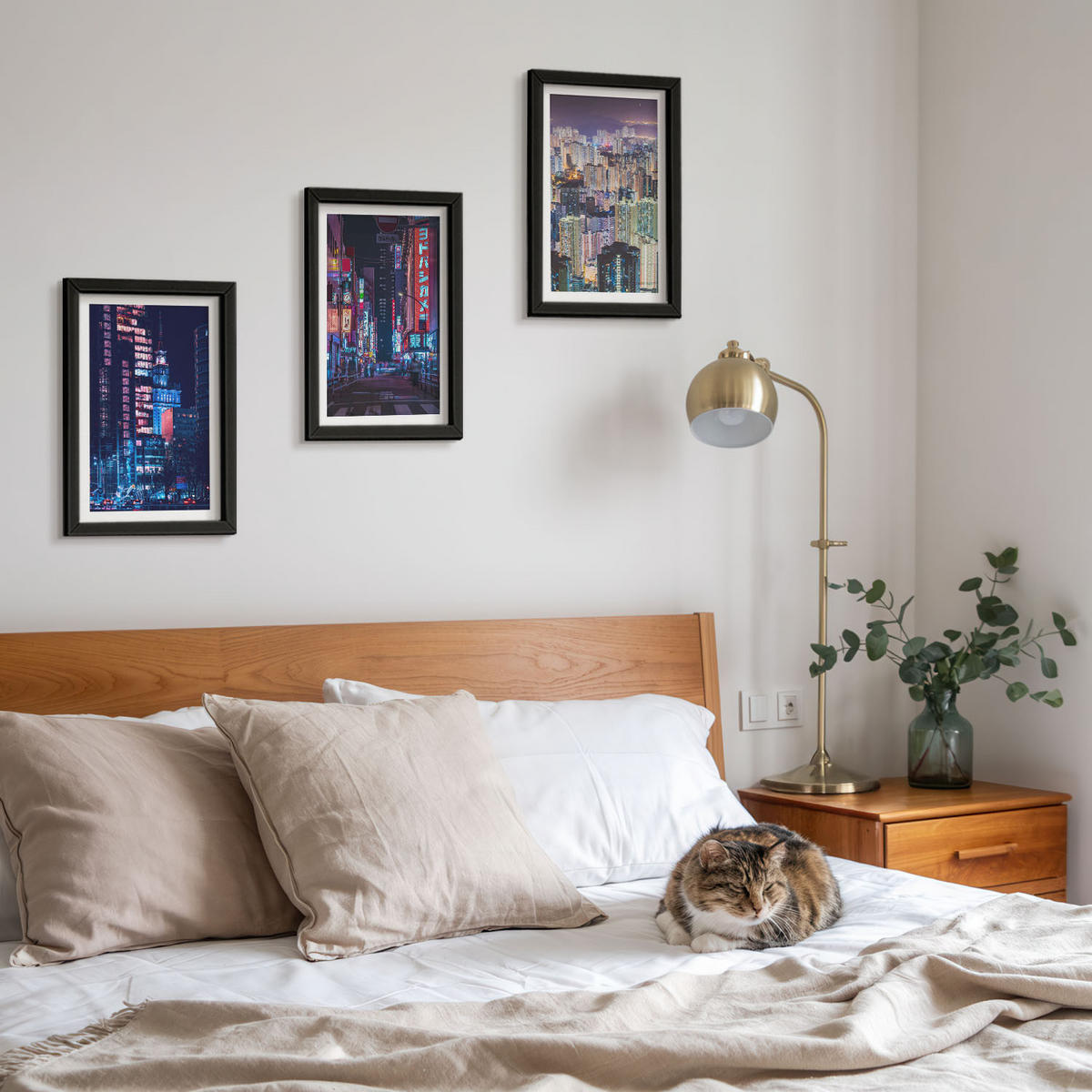WANDBILDER 3er-Set - 20x30 cm Schwarzer Rahmen - Neonlichter der nächtlichen Stadt - Schwarz, Kunststoff (20/30cm) - ArtPrintCave