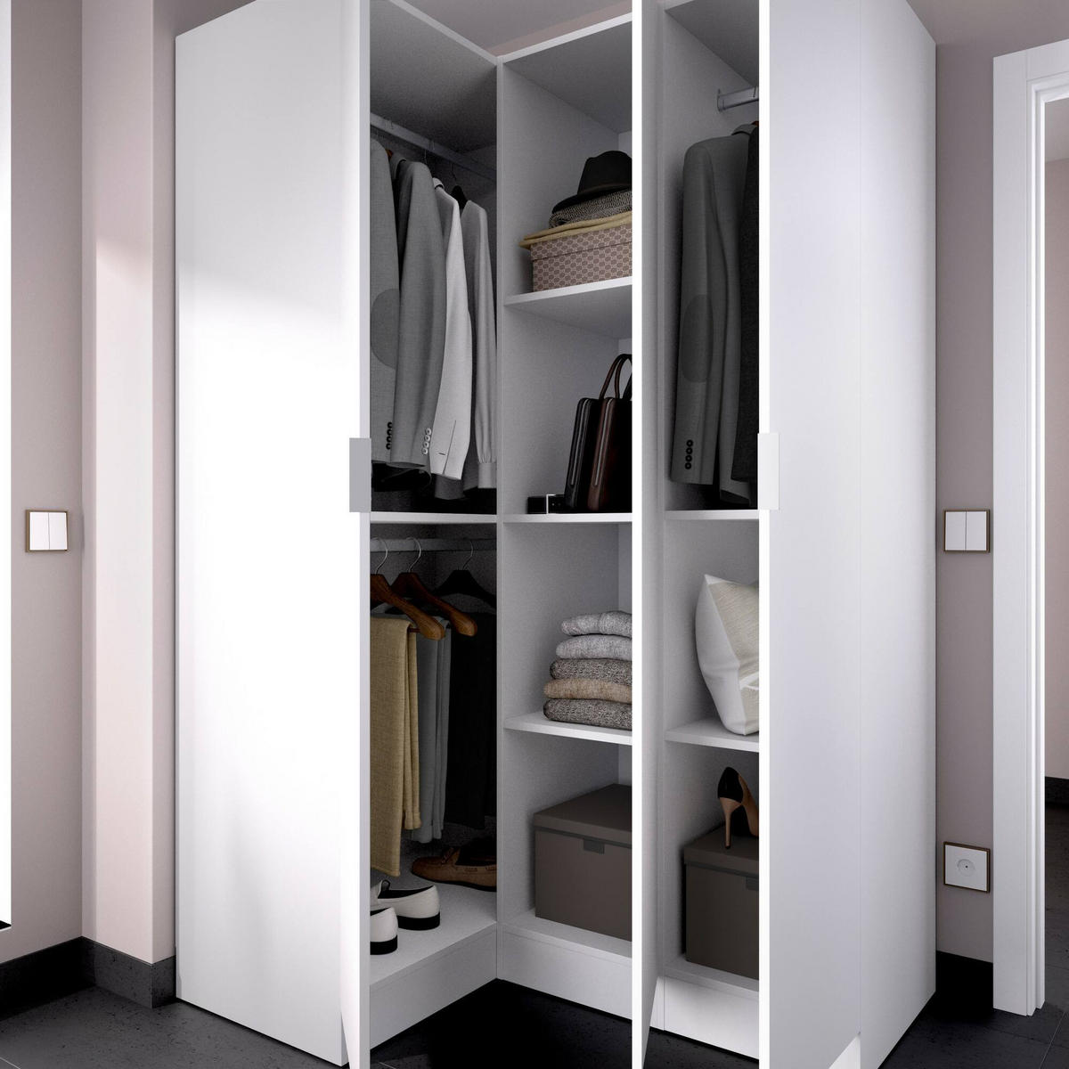 ECKKLEIDERSCHRANK Holz-Effekt Weiß 90.5x133h184 - Weiß, Holzwerkstoff (133/184/90.5cm) - DMORA