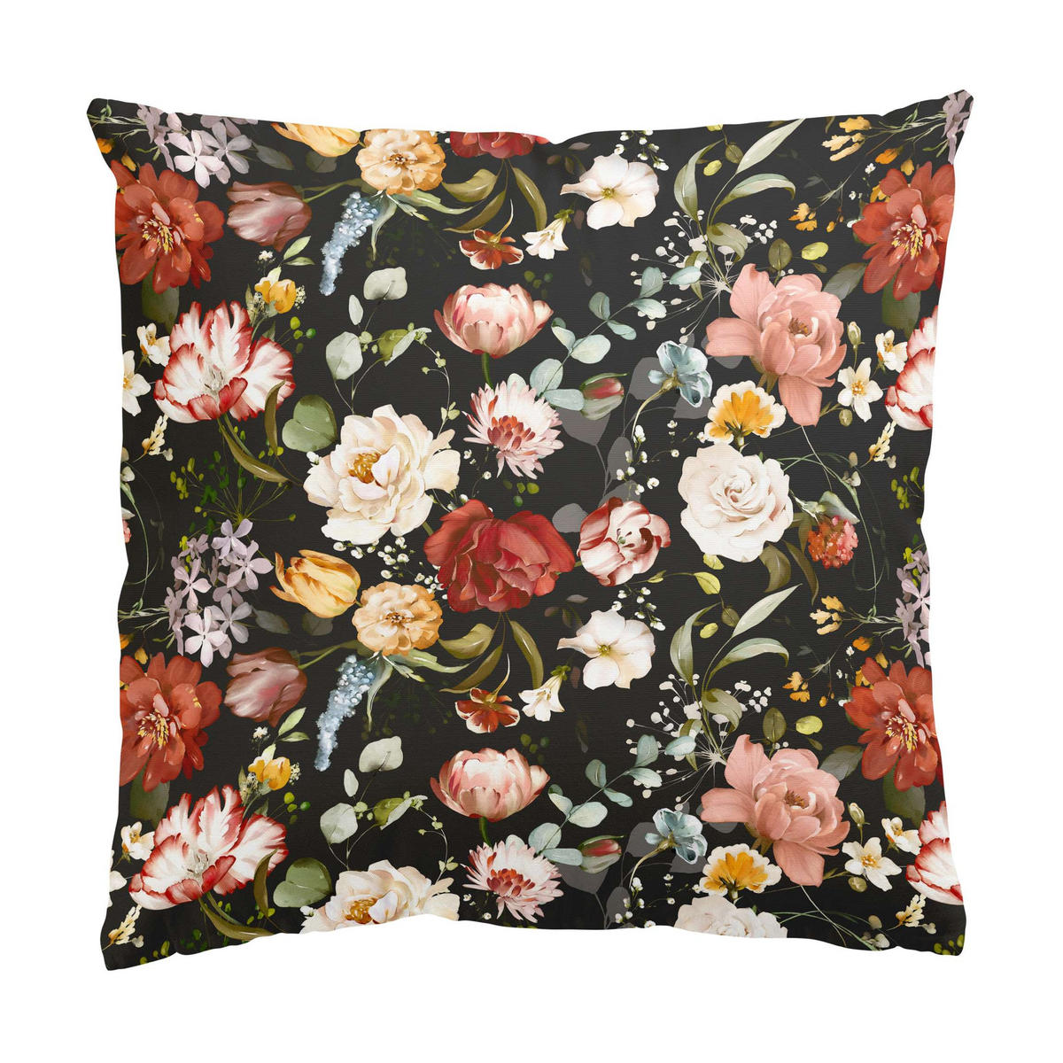 DEKOKISSEN Blumen Aquarell Vintage Muster auf Schwarz 40/40 cm - Schwarz, Textil (40/40/10cm) - Bilderwelten