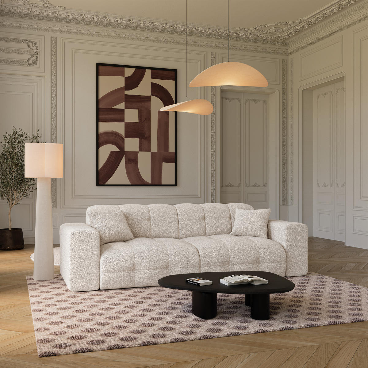 SOFA COCOON Bouclé-Stoff Creme 230cm - Creme, Textil (230/85/92cm) - Premium Interiors