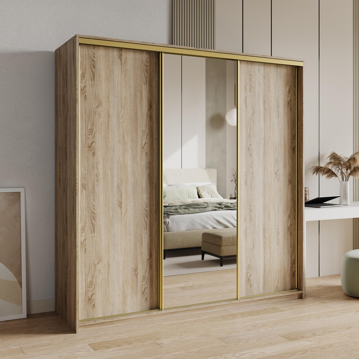 SCHWEBETÜRENSCHRANK TAVI 180/205/60 cm 3-türig mit Spiegel und Schubladen Sonoma Eiche - Goldfarben/Sonoma Eiche, Holzwerkstoff (180/205/60cm) - MASSENO