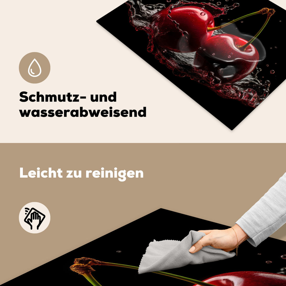 HERDABDECKPLATTE Kirsche - Rot - Frucht - Wasser - Schwarz 71x52 cm - Kirschrot, Kunststoff (71/52/0.2cm) - MuchoWow