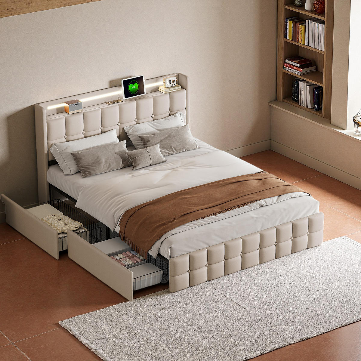 DOPPELBETT 180x200 Beige USB LED 4 Schubladen - Beige, Metall (180/200cm) - SHOPENTRA