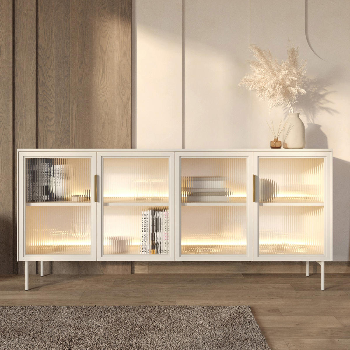 SIDEBOARD Lumi 4-türig mit Glasfronten Kaschmirgrau 181 cm - Taupe/Goldfarben, Holzwerkstoff/Metall (181.3/82.6/39.3cm) - Selsey
