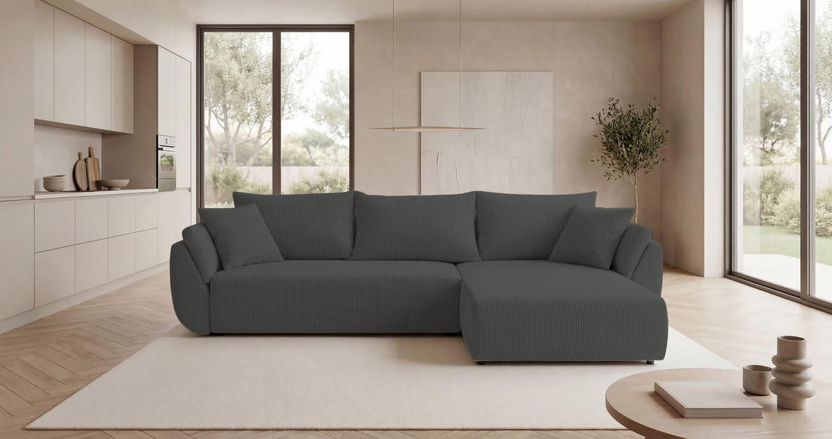 ECKSOFA SYDNEY rechts dunkelgrau Cord Poso 60 - Schlaffunktion, Bettkasten - Anthrazit, Textil (280/175cm) - Cornero