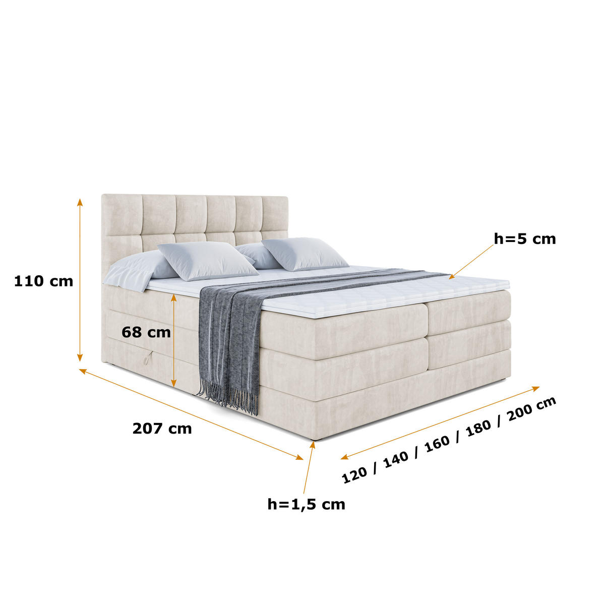 BOXSPRINGBETT RICAR KING - 200x200 - H3/H4 - Ecru - Ecru, Holzwerkstoff (200/200cm) - ALTDECOR