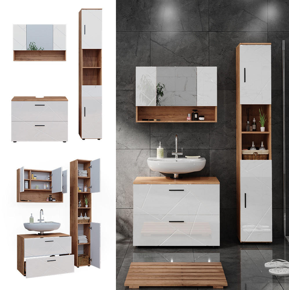 BADMÖBEL-SET Irma Weiß Hochglanz/Goldkraft Eiche 3 Teile Spiegelschrank 80 cm - Weiß Hochglanz/Eiche Wotan, Holzwerkstoff (80/58.6/41cm) - Vicco