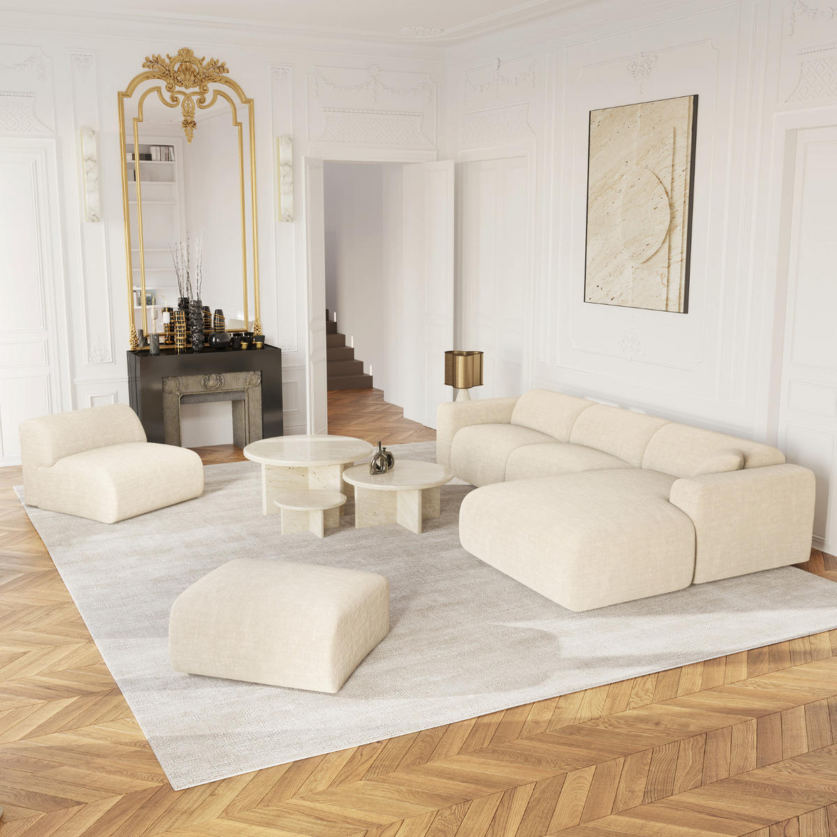 ECKSOFA RECHTS Texturierter Samt Creme 280cm - Creme, Textil (280/95cm) - Sia Home