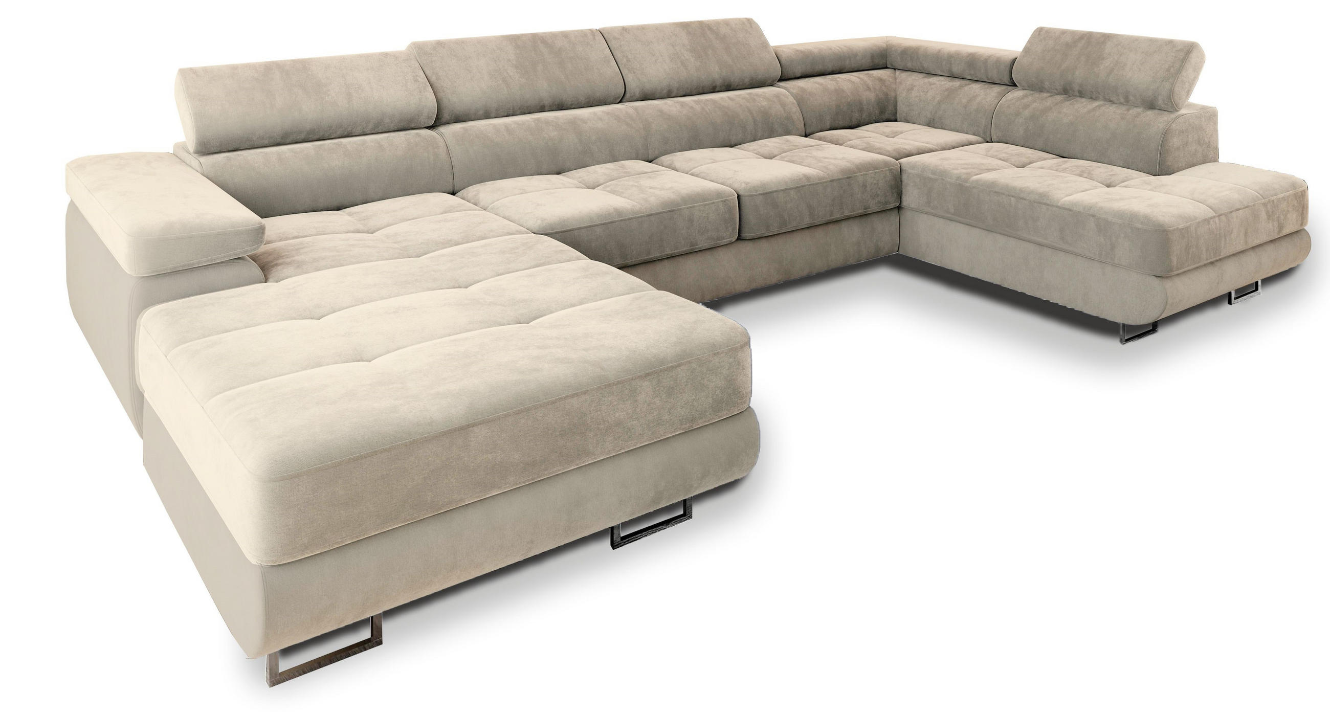 WOHNLANDSCHAFT CASONE R-S Creme Velours-Stoff mit Schlaffunktion - Creme, Holz (345/90/202cm) - MASSENO