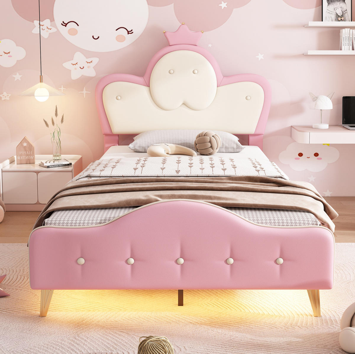 KINDERBETT 90/200 cm mit LED-Lichtleiste, weichen Schutzkanten und Kronen-Kopfteil aus PU, Rosa/Weiß - Weiß, Kunststoff (90/200cm) - Redom