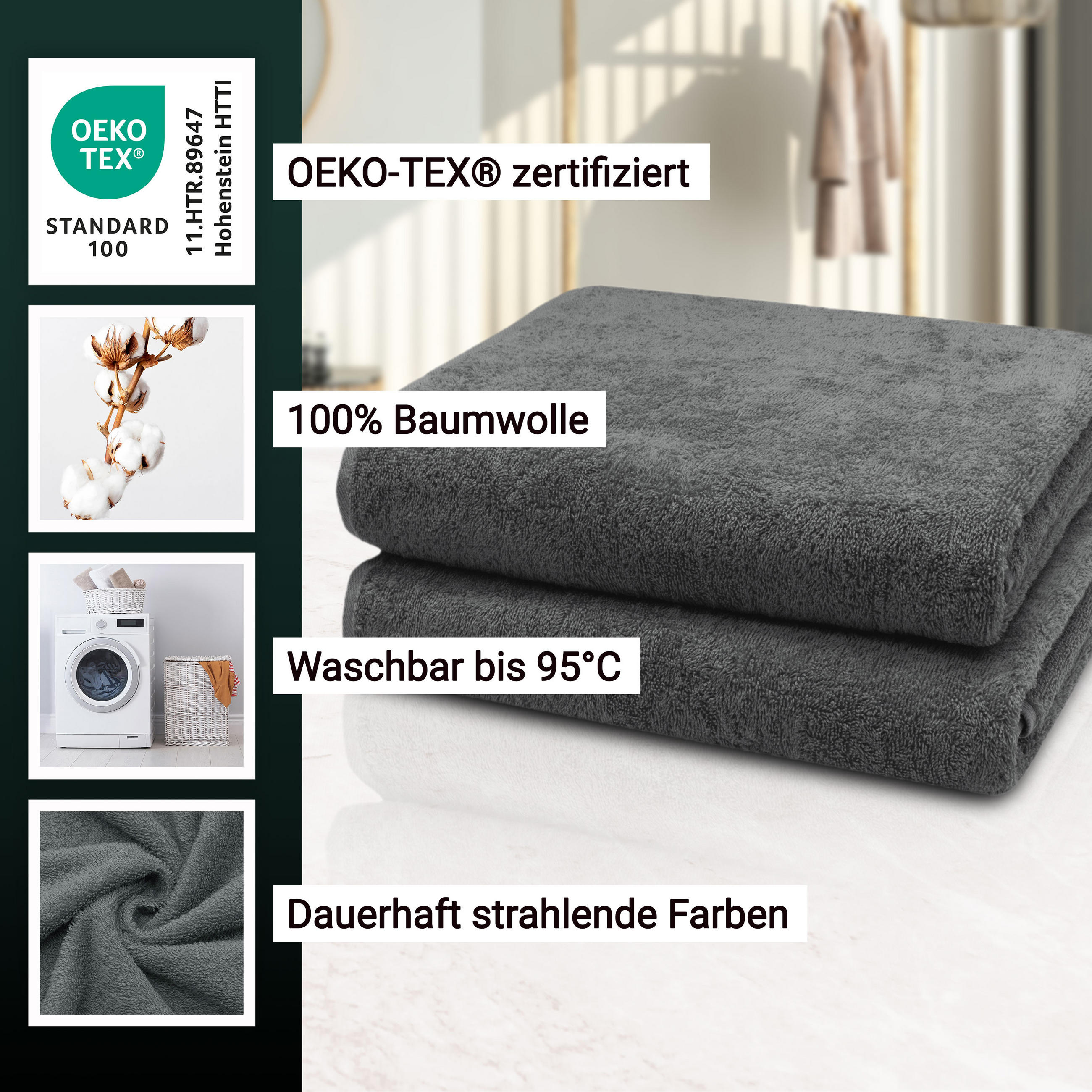 BADETUCH, 2er-Set, 100x150 cm, 100% Baumwolle, Grau - Graphitfarben, Textil (100/150cm) - Zollner