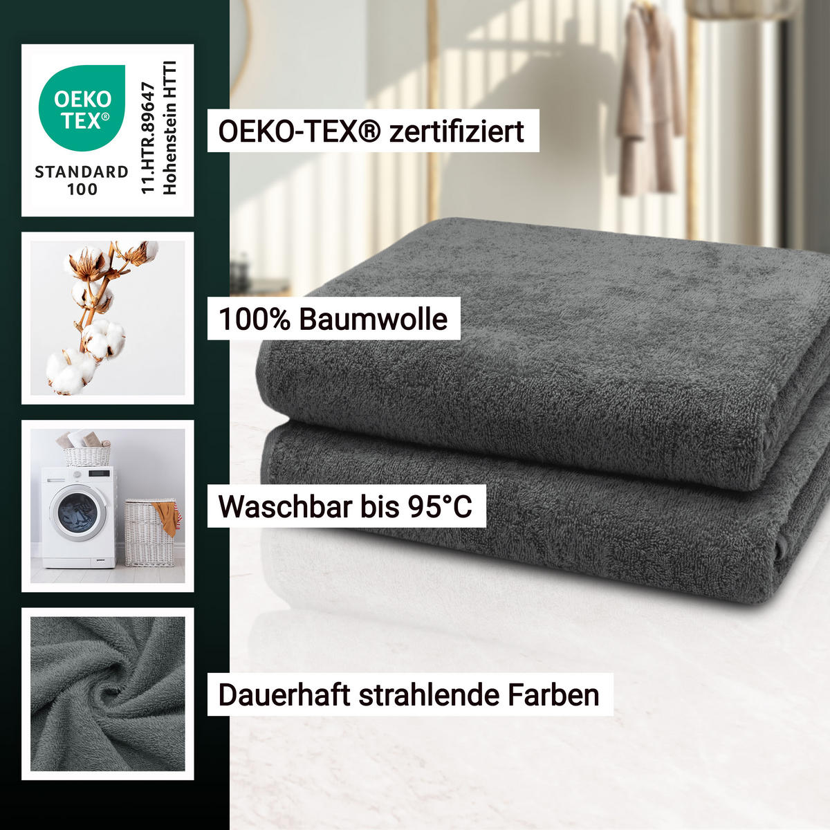 BADETUCH, 2er-Set, 100x150 cm, 100% Baumwolle, Grau - Graphitfarben, Textil (100/150cm) - Zollner