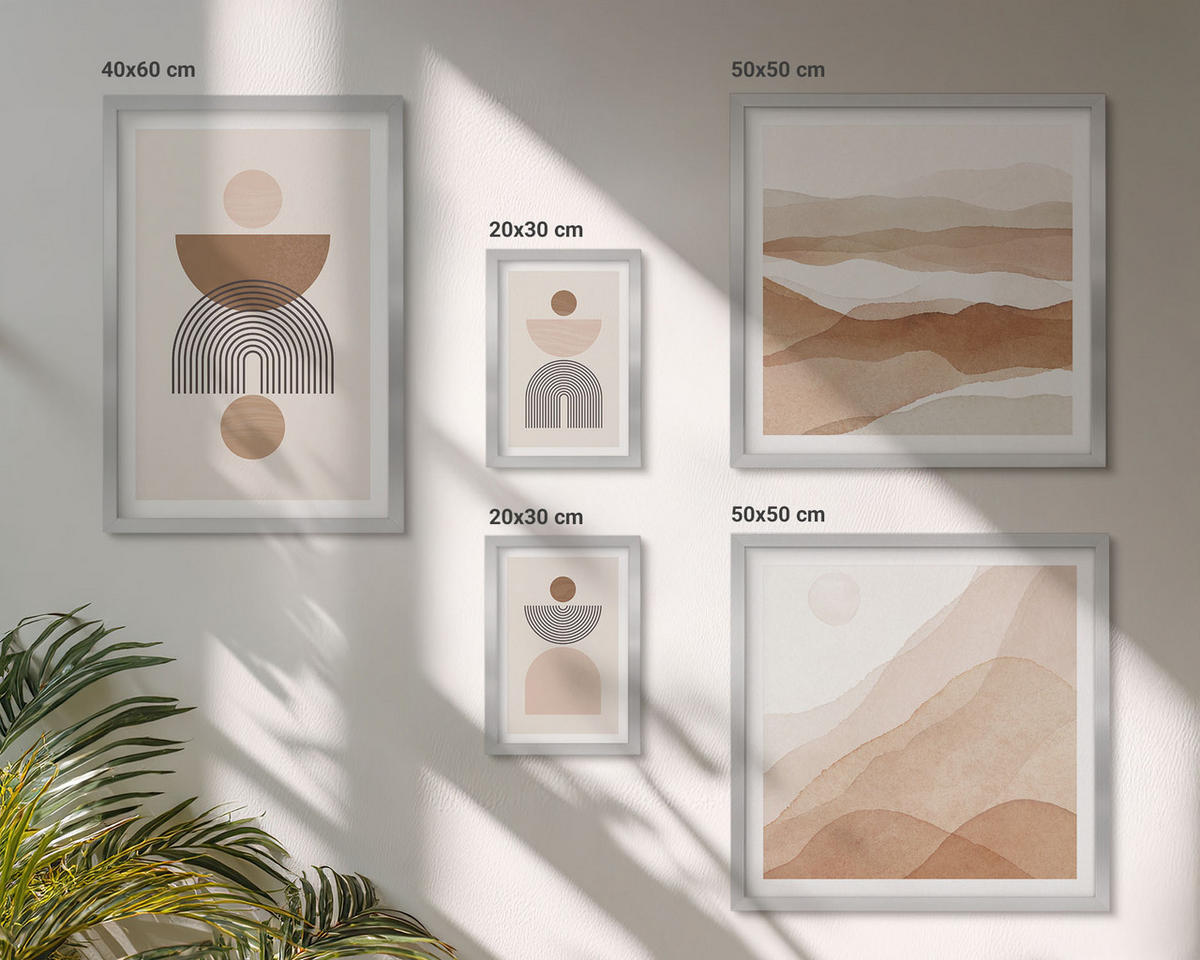 BILDER SET 5er Set - 50x50 cm & 20x30 cm & 40x60 cm Silberner Rahmen - Abstraktes Boho-Design - Silberfarben, Kunststoff (40/60cm) - TULUP