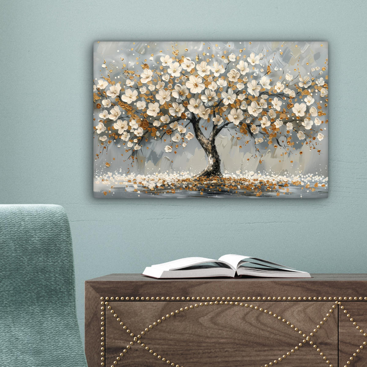 LEINWANDBILD Baum - Blumen - Weiß - Natur - Kunst Deko Schlafzimmer 30x20 cm - Weiß, Textil (30/20cm) - MuchoWow