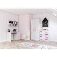 JUGENDZIMMER Elora in Weiß – 4-teiliges Set mit Schreibtisch, Kommode, Wandregal und Schrank – Grifffarbe Rosa - Weiß, Holzwerkstoff (80/200/120cm)
