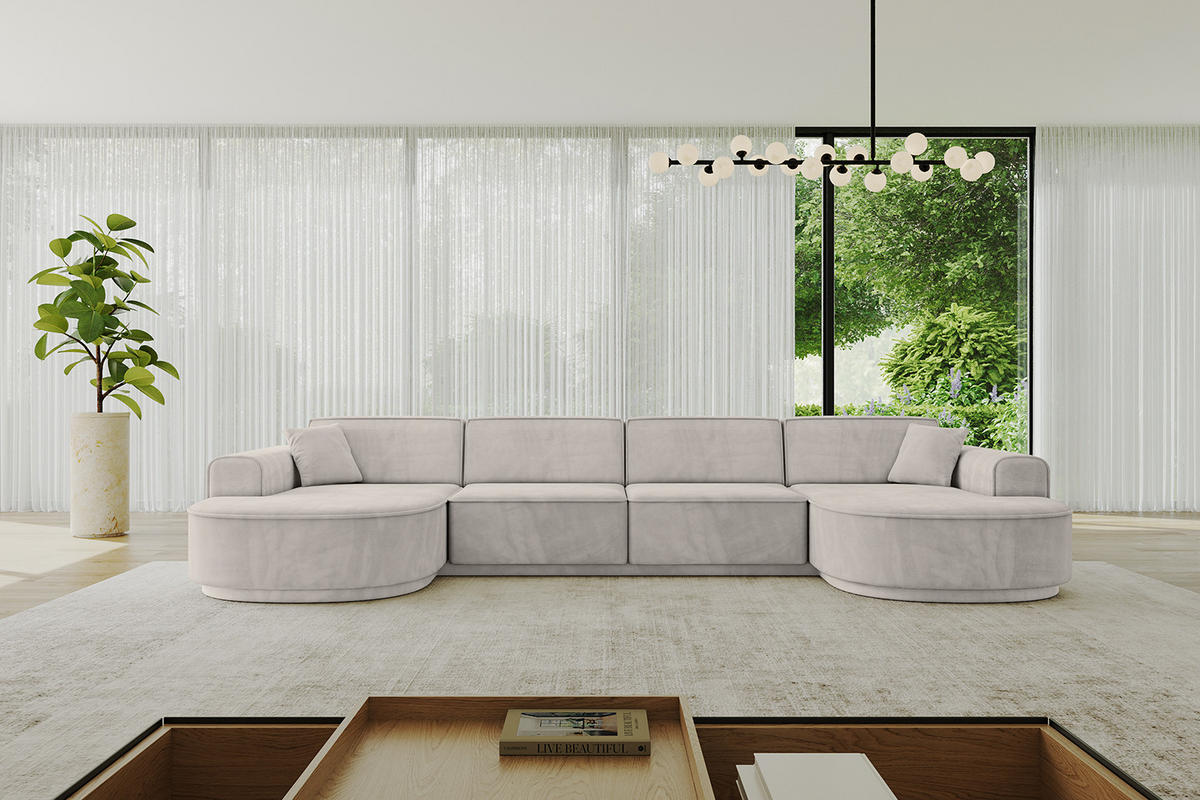 WOHNLANDSCHAFT MARI-U2-v3 - 388x171x83 cm Hellbraun Velours - Hellbraun/Schwarz, Holzwerkstoff/Kunststoff (388/83/171cm) - ALTDECOR