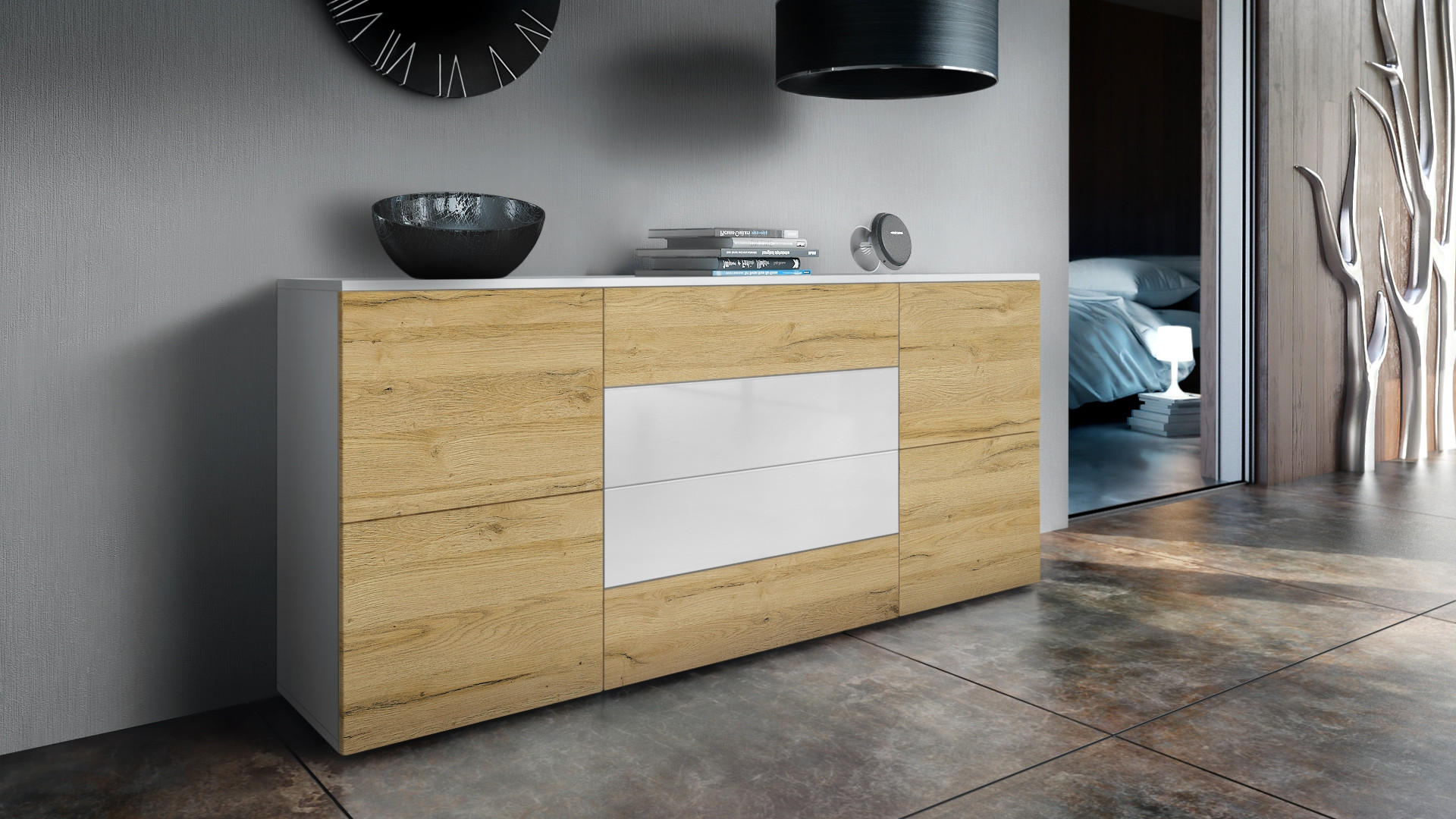 SIDEBOARD Rova Eiche Natur/ Weiß Hochglanz - Eichefarben, Holzwerkstoff (166/72/35cm) - Vladon
