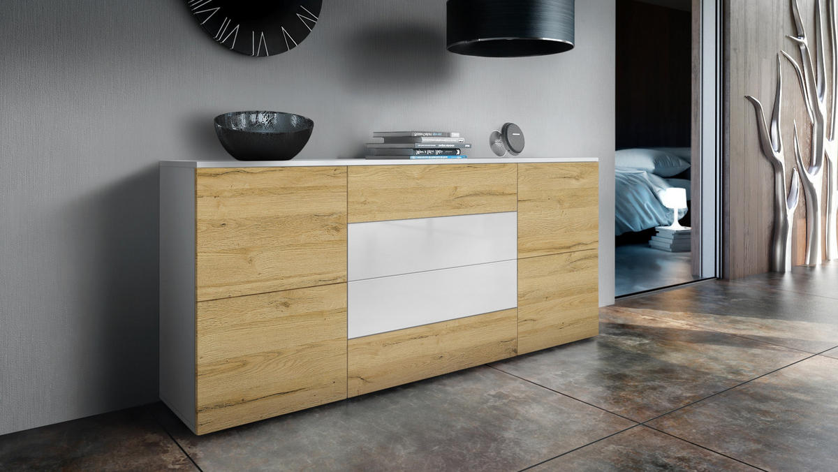 SIDEBOARD Rova Eiche Natur/ Weiß Hochglanz - Eichefarben, Holzwerkstoff (166/72/35cm) - Vladon